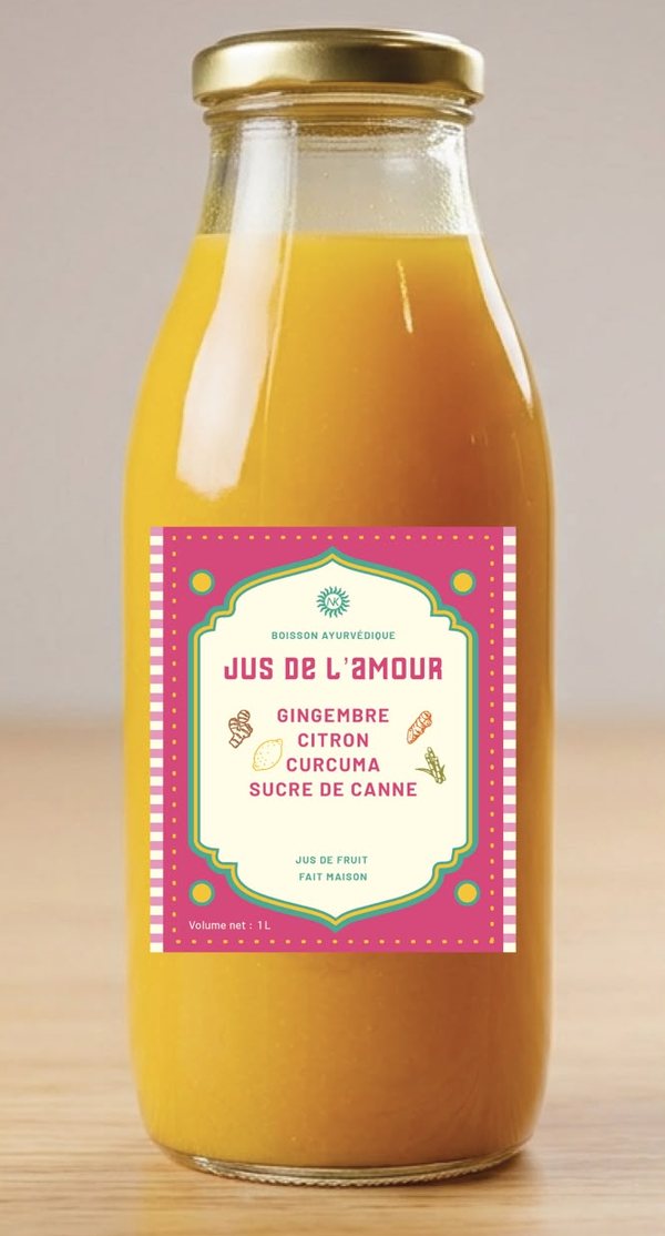 Bouteille de Jus de l’amour, jus jaune, étiquette rose
